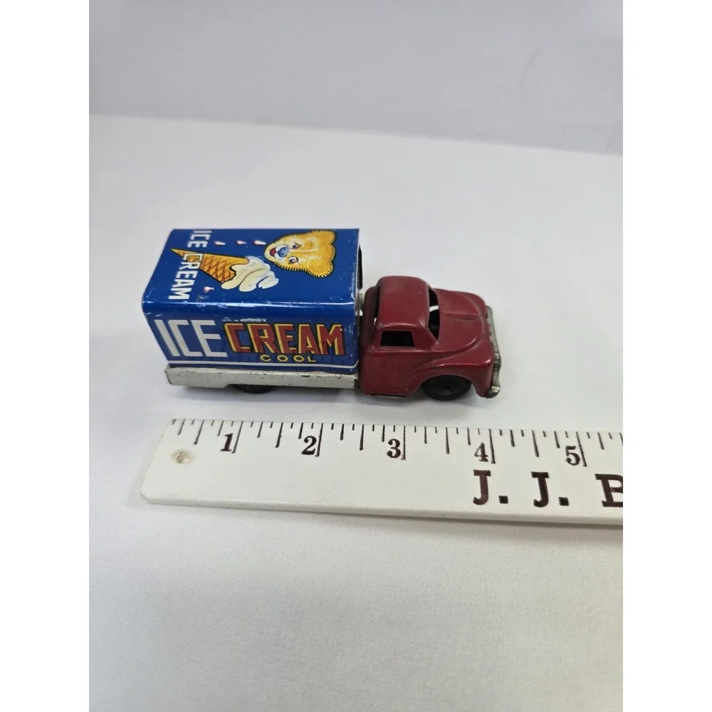 Vintage Tin Litho Ice Cream Delivery Truck Toy Friction Red Blue Advertising